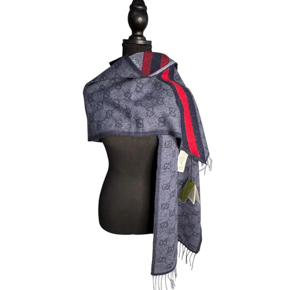 Gucci NWT Nikky Wool GG Monogram Web Stripe Scarf in Midnight Blue